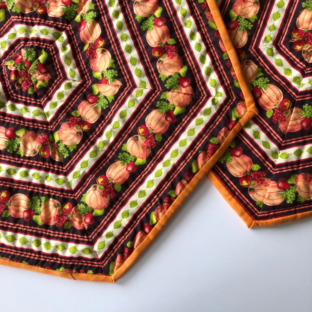 Thanksgiving Table Runner and Pumpkin Place Mat Hand Quilted Set of 2